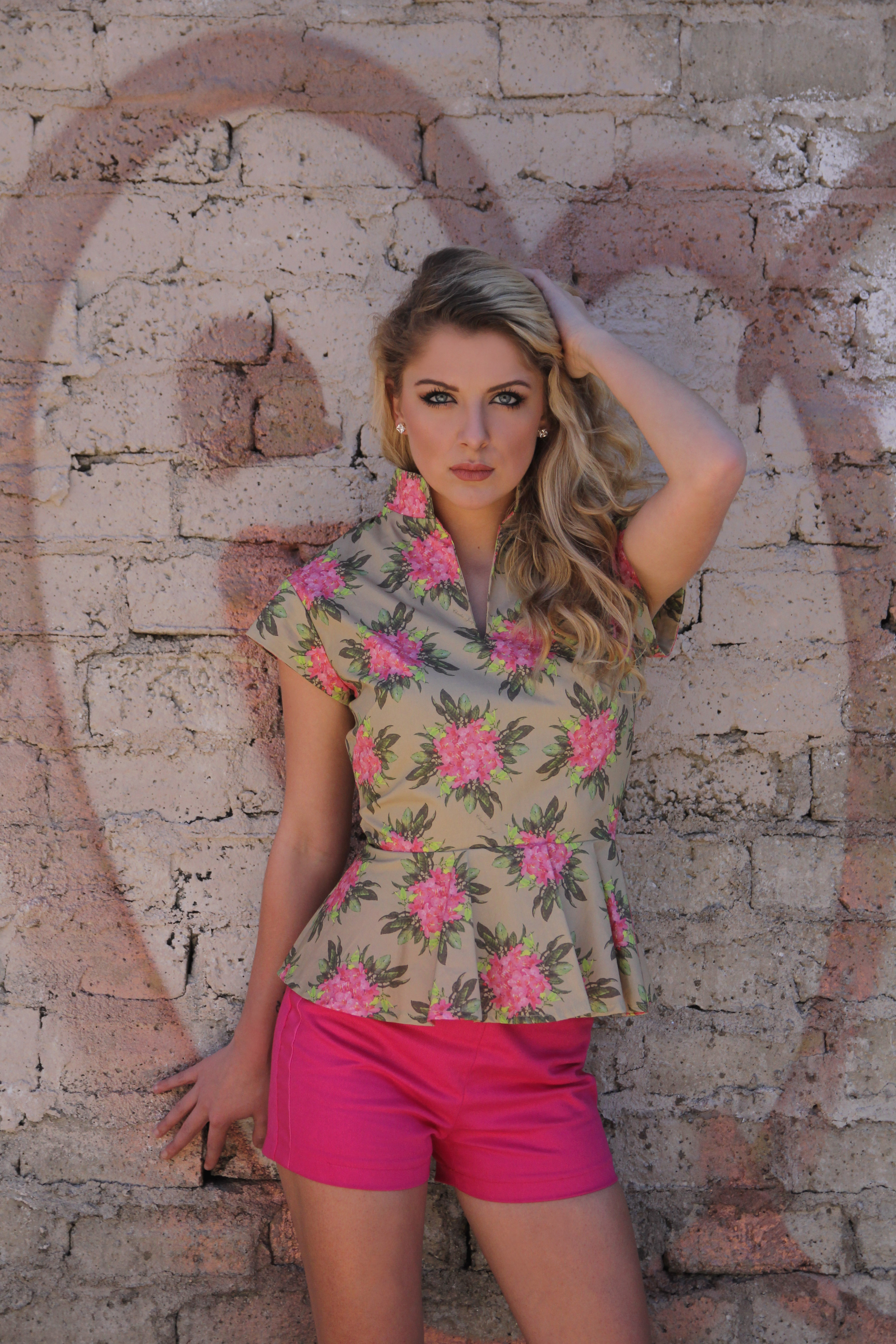 Custom Rhododendron Peplum Top with Tuxedo Hot Pants. Model: Haley Bohon  with 6:12 Model Management. Photographer: 6:12 Photography by Eric McKinney.