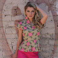 Custom Rhododendron Peplum Top with Tuxedo Hot Pants. Model: Haley Bohon  with 6:12 Model Management. Photographer: 6:12 Photography by Eric McKinney.